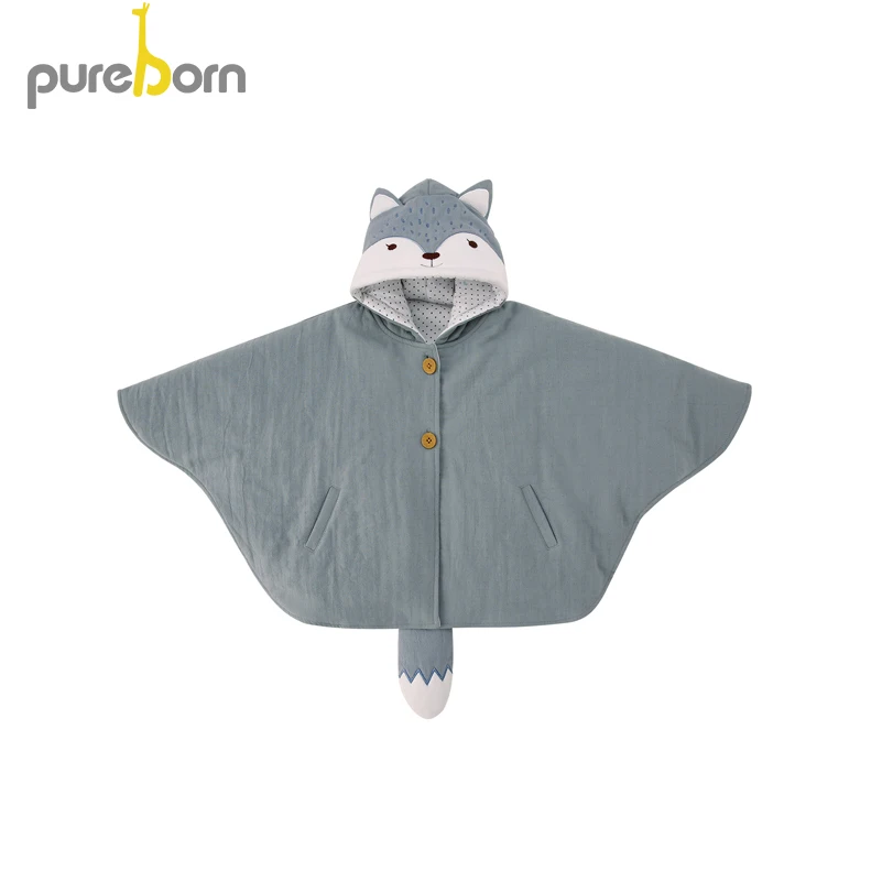 blue Pureborn/плащ с капюшоном; пальто для малышей; хлопковая накидка; пончо для маленьких девочек и мальчиков; Верхняя одежда с рисунком лисы; куртка; одежда на осень и весну - Цвет: blue