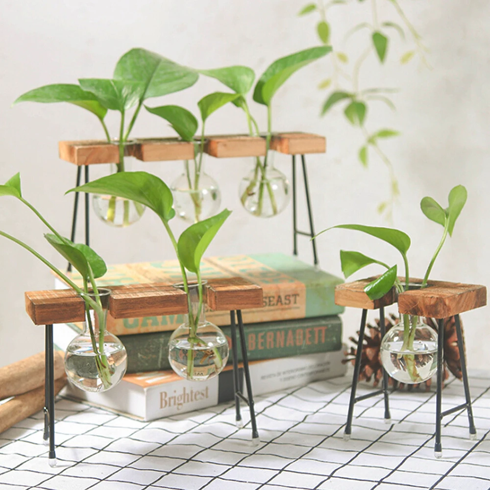

Creative Glass Bottle Vase Hydroponic Plant Wooden Frame Transparent Flower Pots Coffee Shop Room Decor Table Desk Decoration