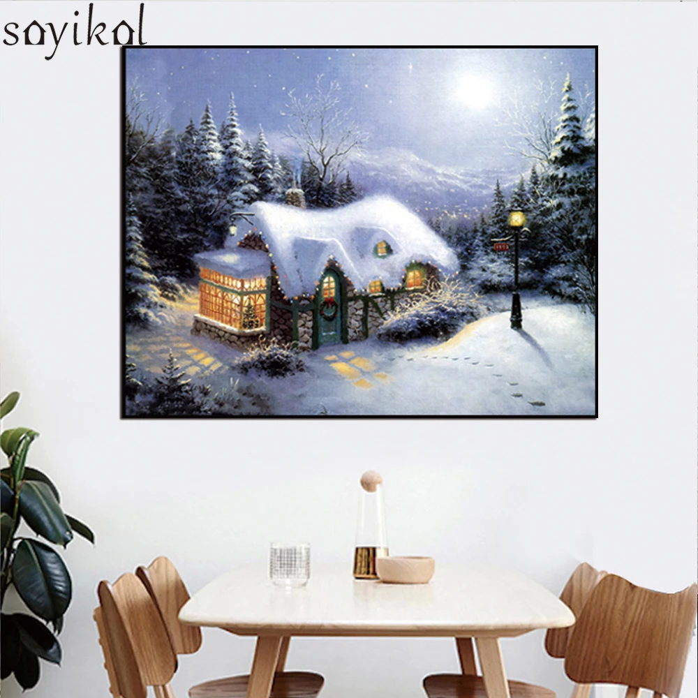 DIY картина маслом в рамке по номерам пейзаж зима снежная сцена картины холст для