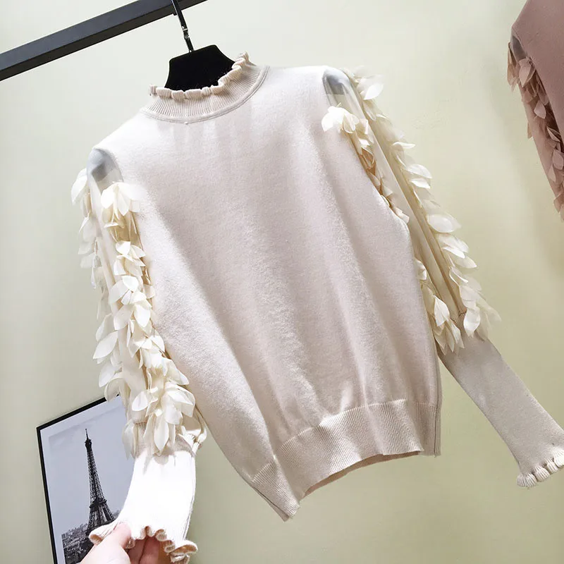 Neploe Solid Petal Mesh Patchwork Women Sweater Knitted Female Sweet Pullover 2021 Autumn Winter Fashion Chic Sueter Mujer 69050 | Женская