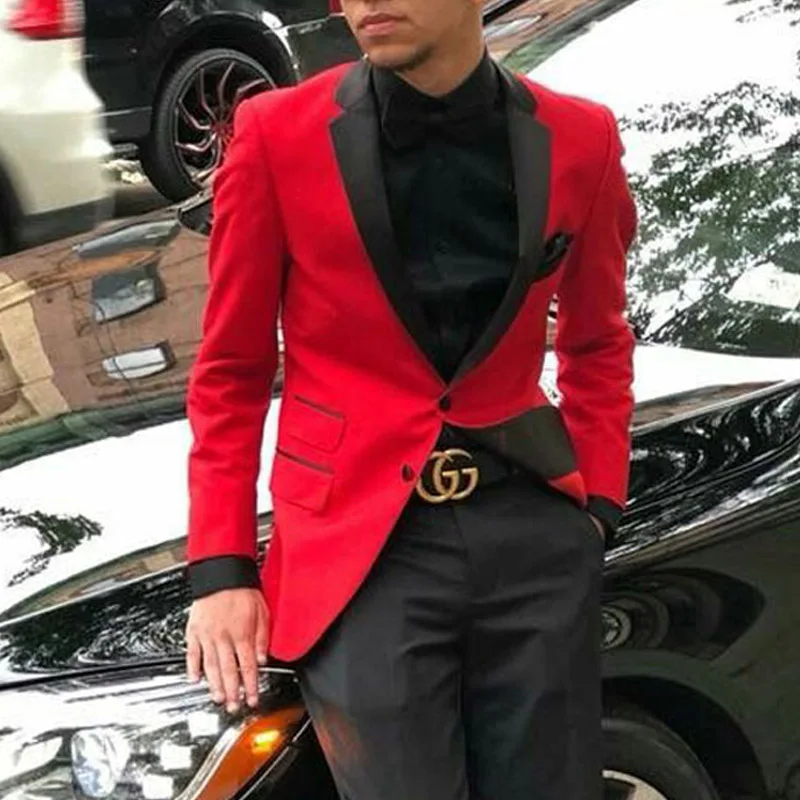 

Красный приталенный Блейзер для выпусквечерние вечера, черные смокинг для жениха с отложным воротником и отложным воротником, мужской комп...