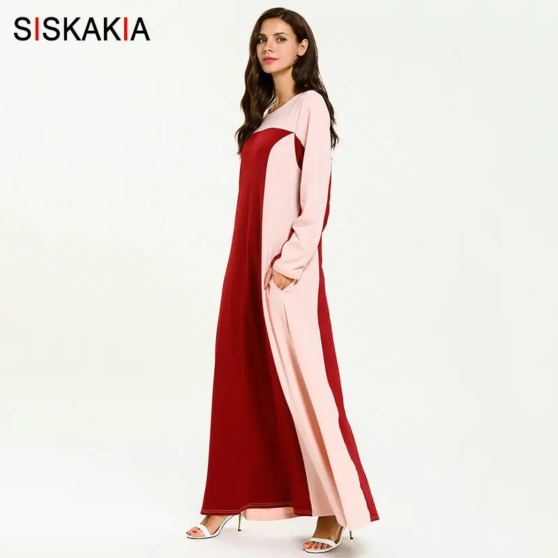 Siskakia элегантное мусульманское длинное платье розовый красный цвет блок одежда