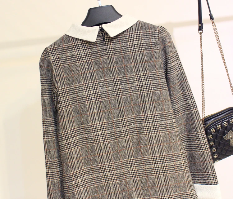 plus size 4XL winter bottoming woolen dress long-sleeved peter pan collar loose a-line plaid | Женская одежда