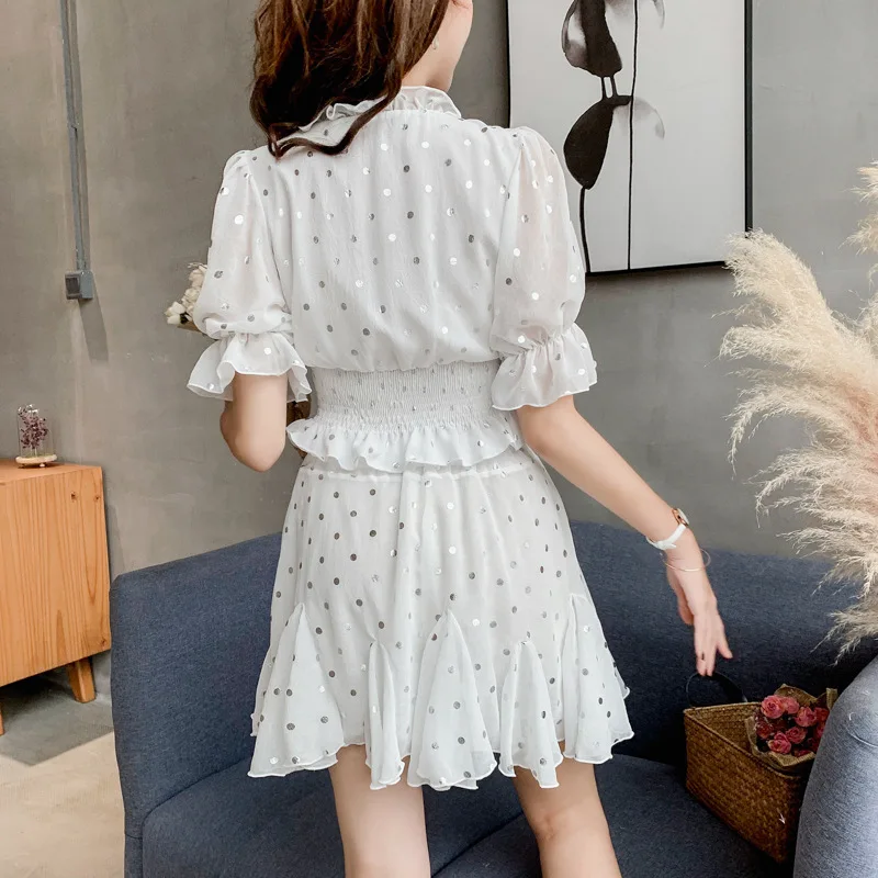

Plus Size 2019 Summer Korean Style Casual Cotton Short Sleeve Ruffles Blouse and Print Polka Dot Mini Dress Women 2 Pieces Set