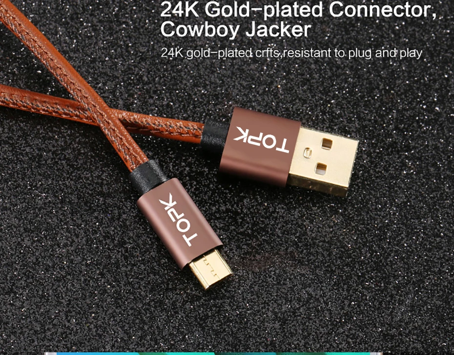 TOPK [5-Pack] Micro USB кабель из искусственной кожи металлический штекер кабель для передачи данных для samsung S7 edge Xiaomi Redmi 4X