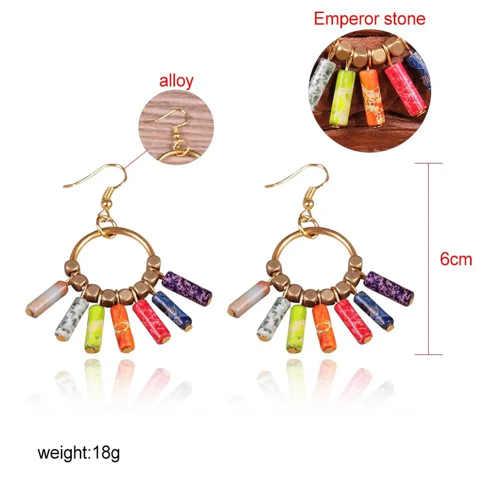 

Bohemian Women's Pendant Earrings Natural Stones Handmade Earrings Colorful Chakra Golden Color Beads Pendant Earrings Gifts
