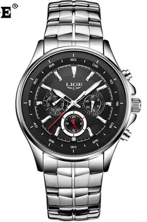 Steel black LIGE спортивные мужские часы, мужские кварцевые наручные часы, водонепроницаемые, ударопрочный стальной ремешок, черные армейские мужские часы, мужские часы Hodinky+ коробка - Цвет: Steel black