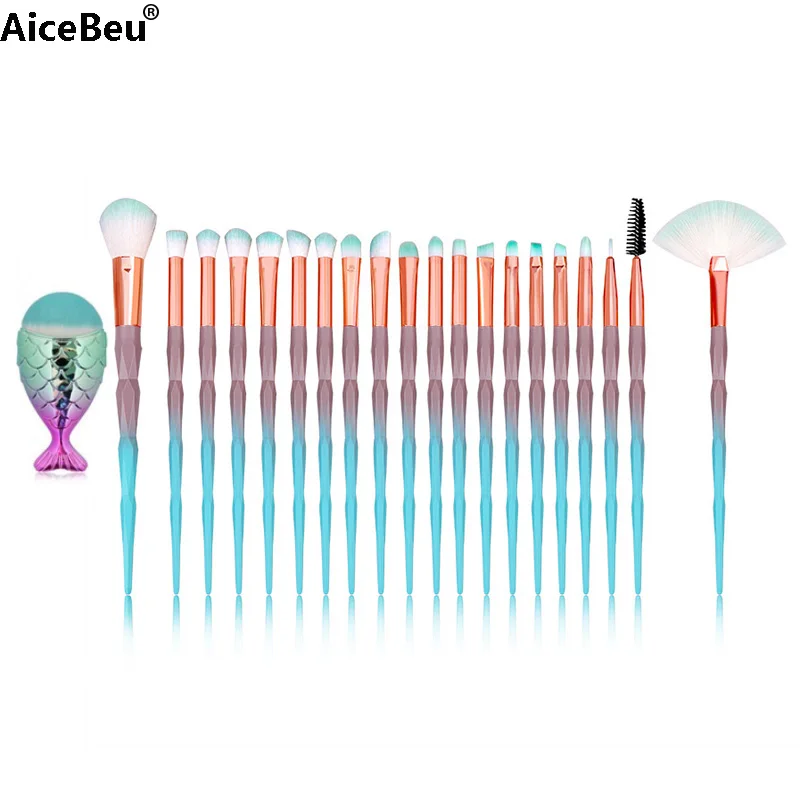 21pcs AiceBe 20 шт Алмазная Ручка кисти для макияжа Косметика Тени для век кисть для пудры+ 1 шт. Русалочка большая рыба кисти для основы - Handle Color: 21pcs