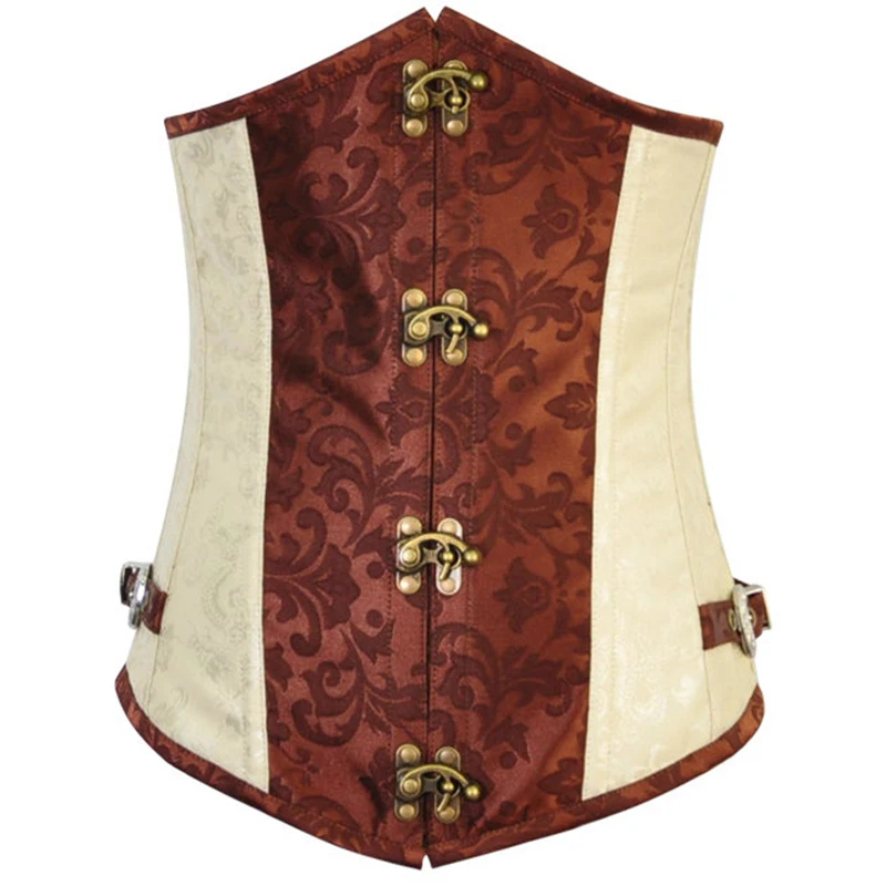 Пикантные коричневые парчи и кожаные заклепки стимпанк грудью корсет сталь Bone