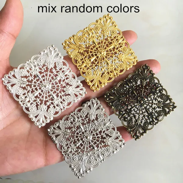 Mix Random Colors 10 шт.-46 мм Цветочные филигранные ромбовидные соединители, толстые латунные квадратные филигранные цветы, серебристый цвет, стальной цвет, бронза - Цвет: Mix Random Colors