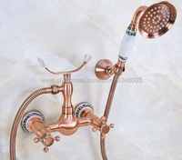 antique red copper bathroom faucet mixer tap wall mounted hand held shower head kit shower faucet sets kna342