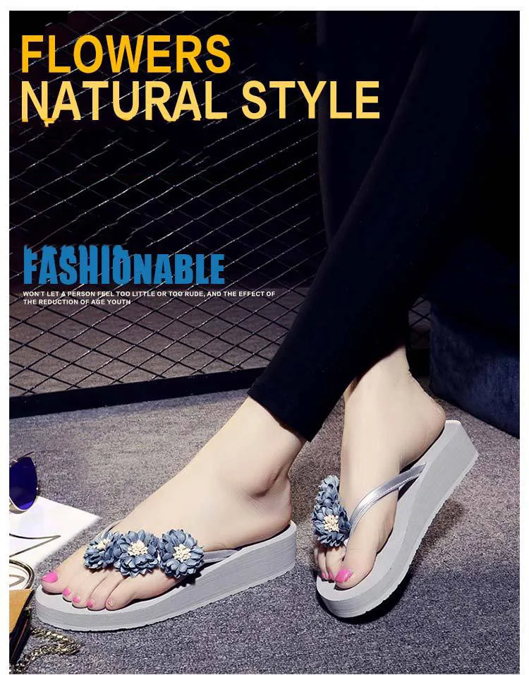 Chanclas de mujer/шлепанцы на платформе с цветами; женская летняя пляжная обувь; женские шлепанцы на танкетке и высоком каблуке; женские вьетнамки