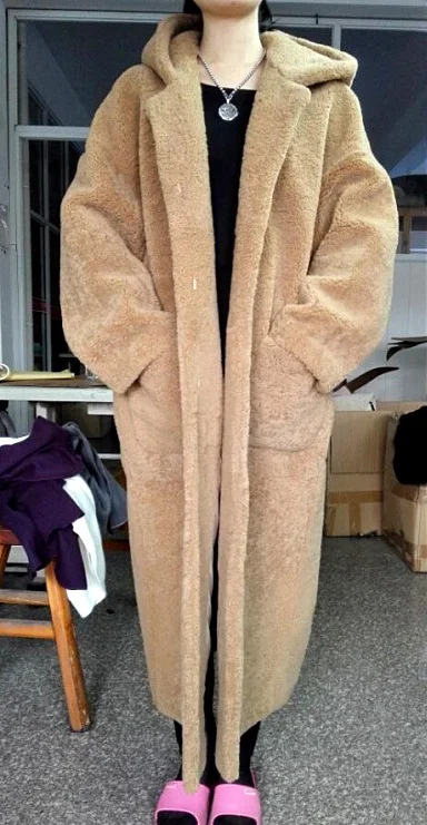 110CM LENGTH Женская зимняя мода из овечьей шерсти X Длинное свободное дизайнерское пальто с капюшоном верхняя одежда - Цвет: 110CM LENGTH