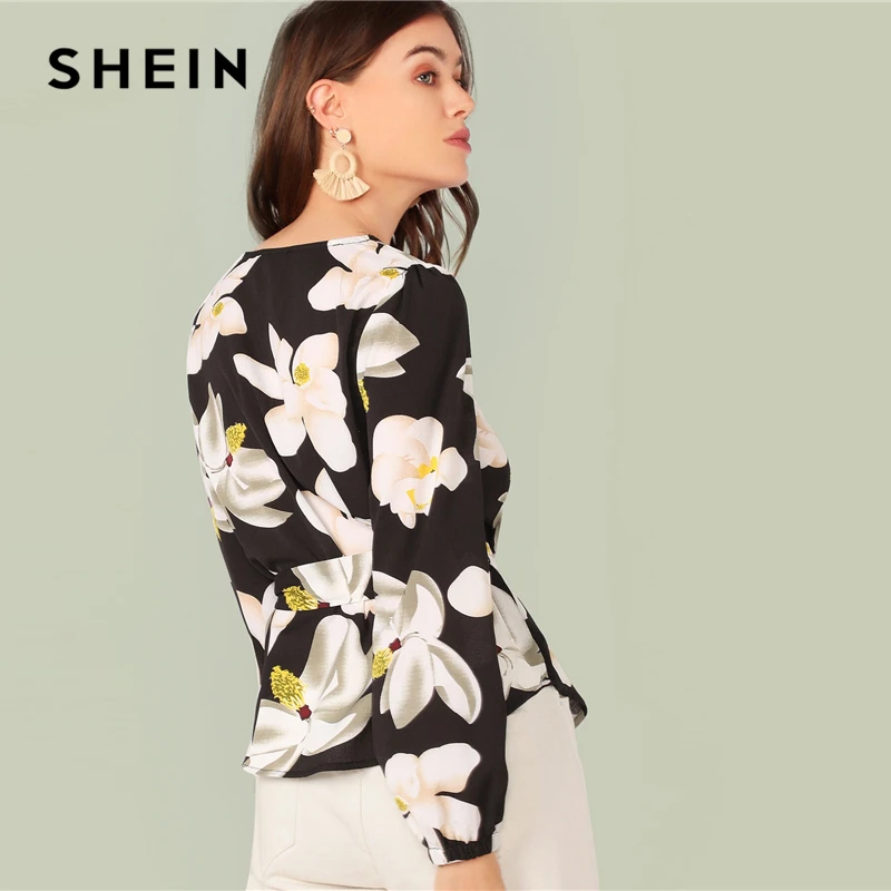 SHEIN блуза с цветочным принтом и закругленным подолом, с поясом, с рукавом Бишоп, элегантная, с поясом, весна-осень, блуза с круглым вырезом
