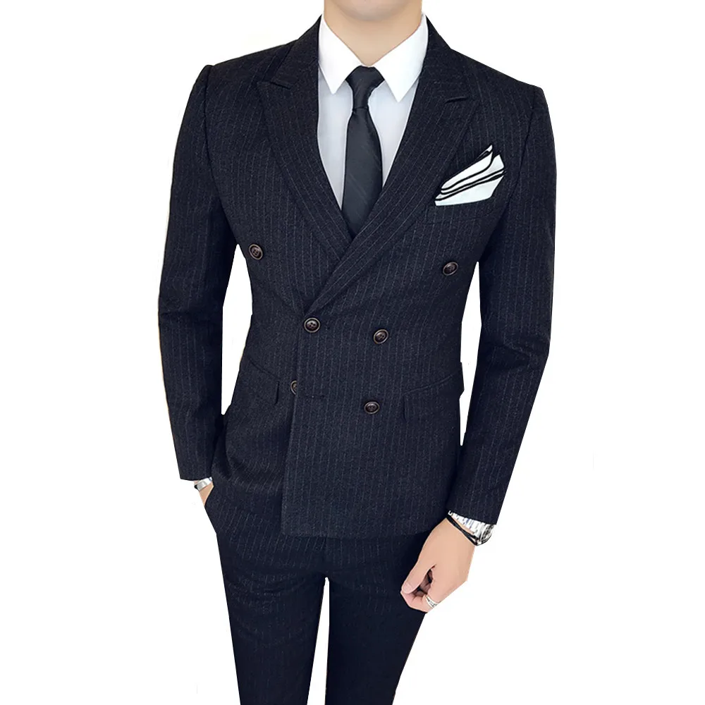 

( Jacket + Vest + Pants ) Premium Brand Grooms Best Wedding Dress Fashionable Mens Stripe Double-breasted Business Suit set