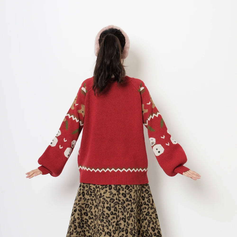 Spring Casual Women Pullover Sweater ONeck Cute Bear Snowman Jacquard Vintage Student Girls Knitted Pullovers Tops Red Knitwear | Женская