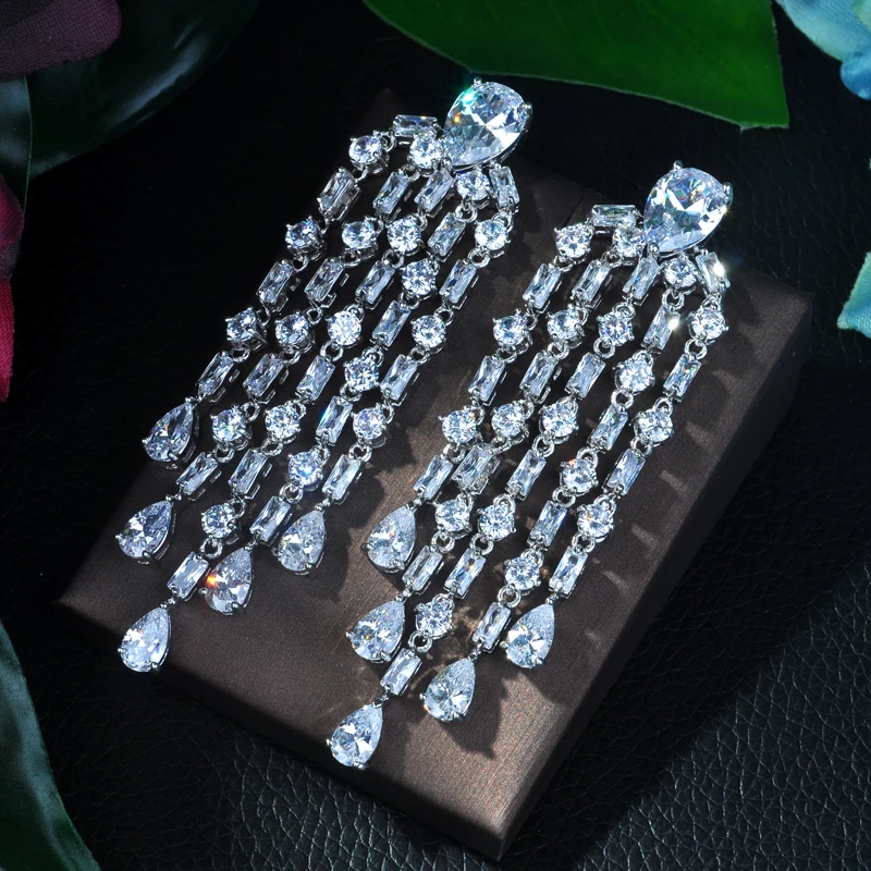 Модные серьги HIBRIDE с кисточкой из циркона красного, зеленого, синего и белого цветов, женские серьги с родиевым покрытием, подарки E-56