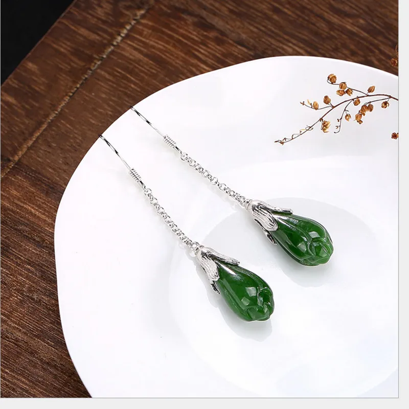 

Uglyless Real 925 Sterling Silver Natural Green Jade Orchid Earrings for Women Fine Jewelry Ethnic Jasper Floral Brincos Bijoux