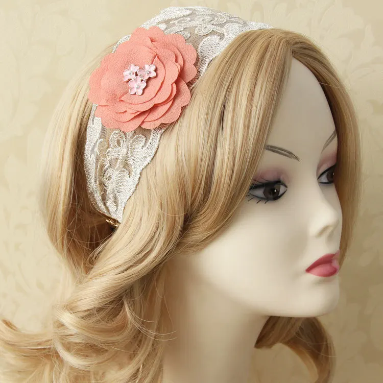 Handmade Pretty Womens 2.8&quot Width Crystal Pink Flower Filigree Lace Bungee Hair Band Elastic Headband Head Wrap Boho Party Dance |