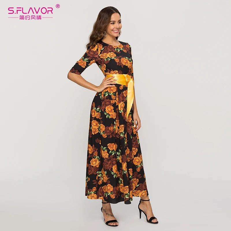 S. Светильник цветное женское длинное платье Осень-зима 2019 рукав 3/4 круглый ворот