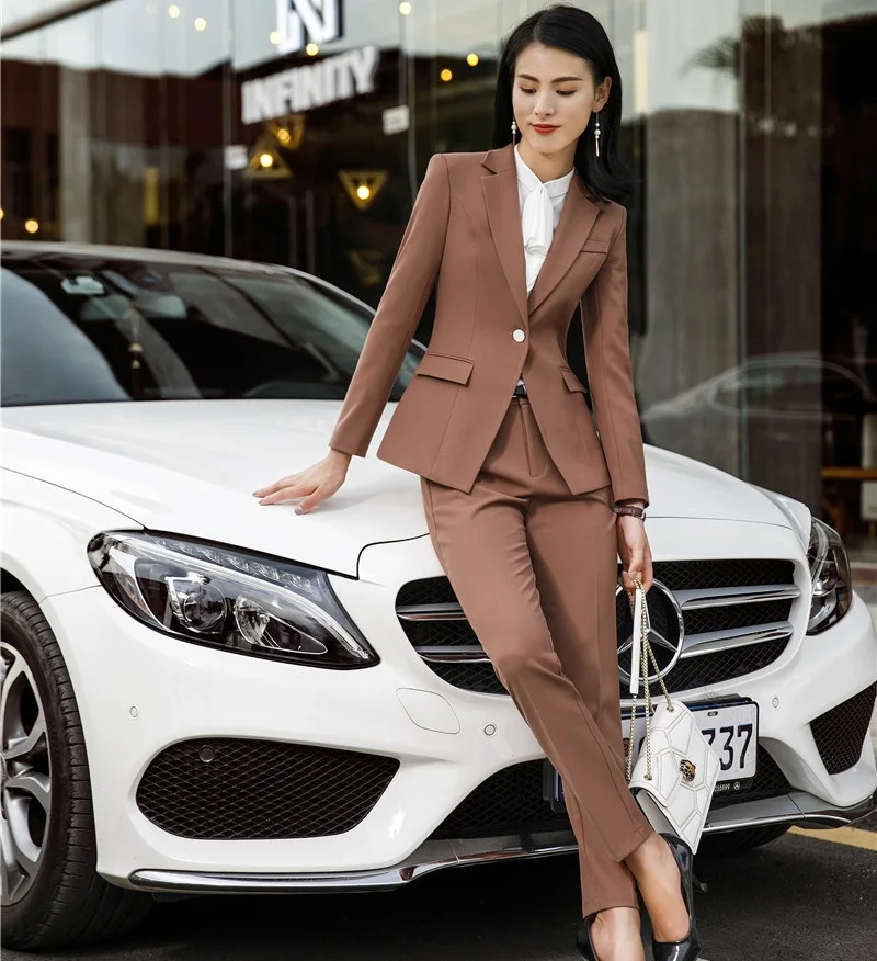 

High Quality Fashion Caramel Women Business Suits With Pants and Jackets Coat Office Ladies Pants Suits Trousers Sets OL Styles