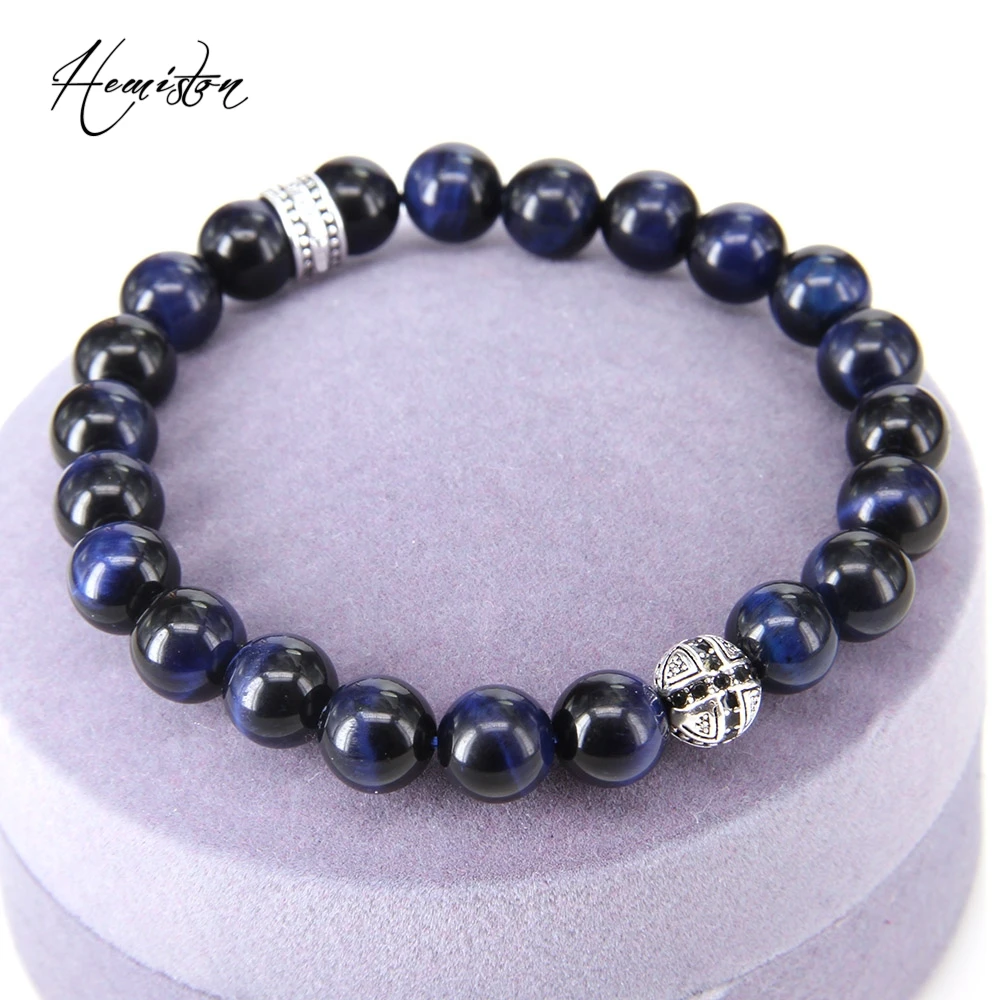 Браслет эластичный мужской с синими бусинами тигрового глаза 8 мм|bracelet with|elastic