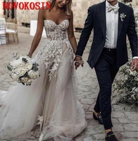 2019 new fashion beaded strapless neck boho white bridal gowns sweep train tulle vestidos de novia lace beach wedding dresses