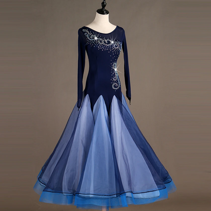 Women Girl Ballroom Dance Navy Long sleeve Modern dance one piece Waltz dress Flamenco Rumba Samba Practice Competition | Тематическая