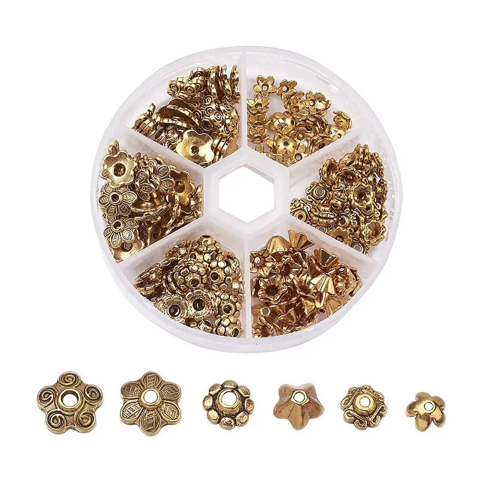 Antique Golden 1 коробка античный золотой античный серебряный смешанный стиль Тибетский Стиль сплав цветок бусина колпачки для изготовления ювелирных изделий 7~ 10x4~ 10 мм отверстие: 1~ 2 мм - Цвет: Antique Golden