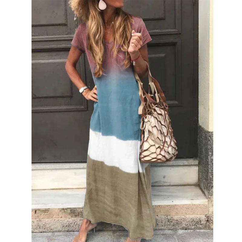 Четыре цвета лоскутное Свободное длинное платье 2019 летнее повседневное с v