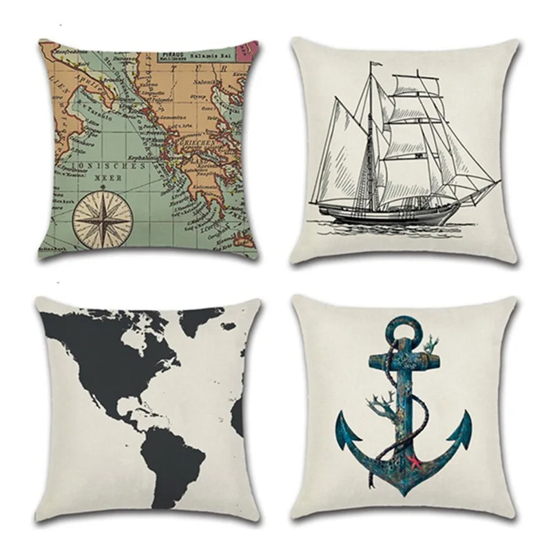 

New Navigation Series Cushion Cover Printed Soft Linen Retro Map Throw Pillowcase living room Seat Pillow Decorative funda cojin