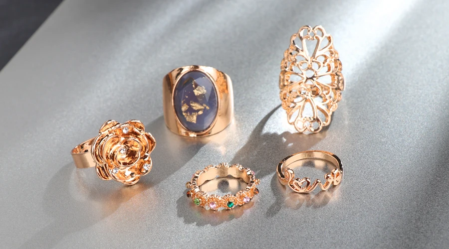 Кинели Vintage Opal кольца кольцо с большим камнем Набор для Для женщин античное золото Цвет миди костяшки вечерние подарки заявление ювелирные изделия 5 шт./компл