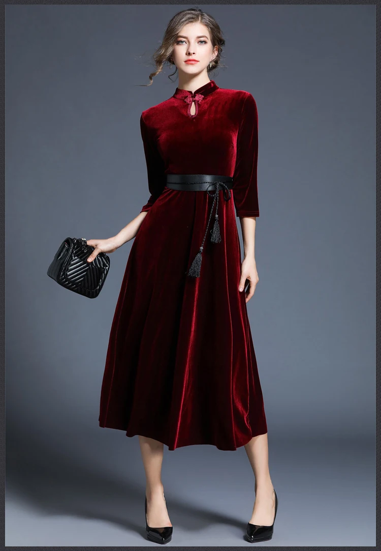 Новогоднее Красное Длинное рождественское платье Ципао vestidos mujer Invierno длинное вечернее бархатное платье Vestido Longo K8704