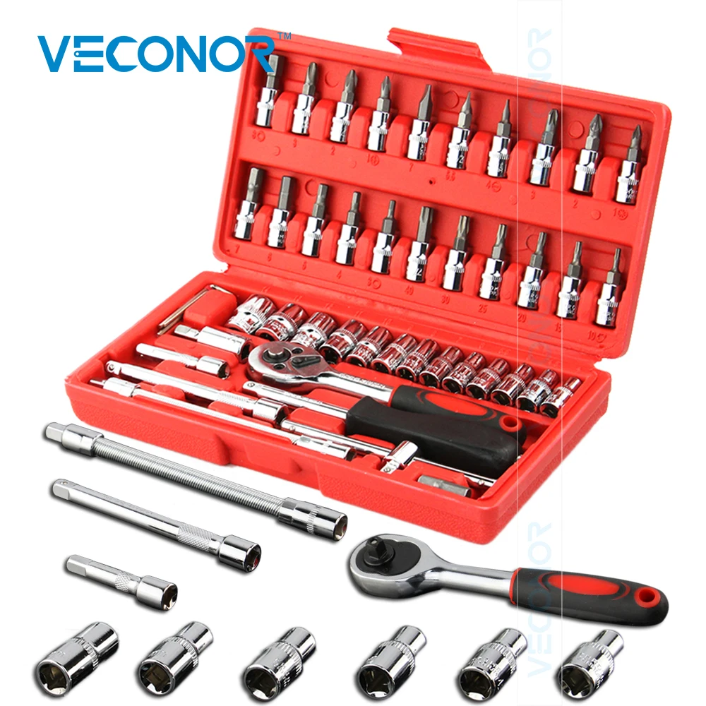 Veconor 46pc High Quality Socket Set Car Repair Tool Ratchet Torque Wrench Combination Bit a set of keys Chrome Vanadium|torque wrench|set torque