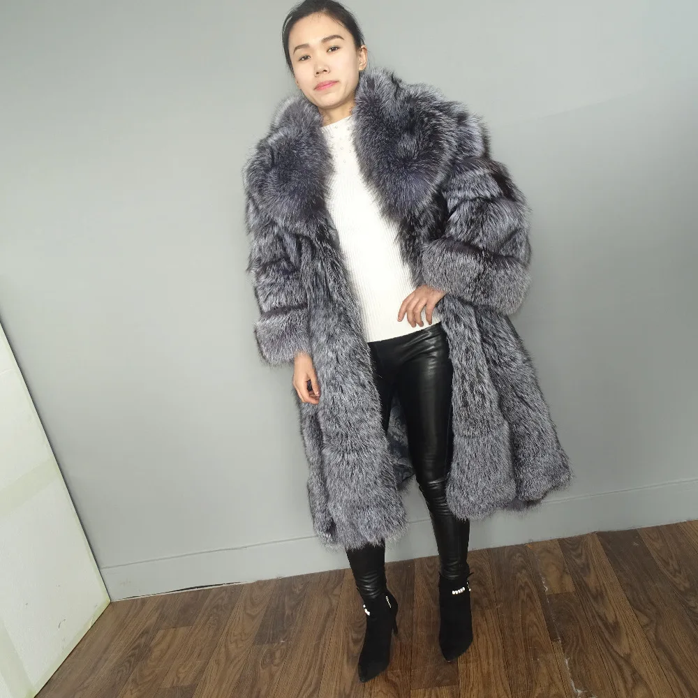 MLHXFUR 105 см Silver Fox Шуба отложным воротником пальто для Для женщин плащ верхняя одежда; парка одежды плюс пальто