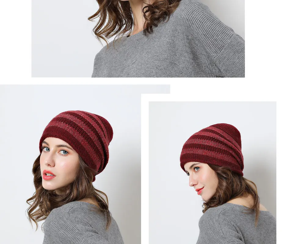 Женская зимняя шапка skullies, теплая вязаная шапка бини, двухслойная полосатая шапка, шерстяные шапки, новинка, зимние шапки для мужчин