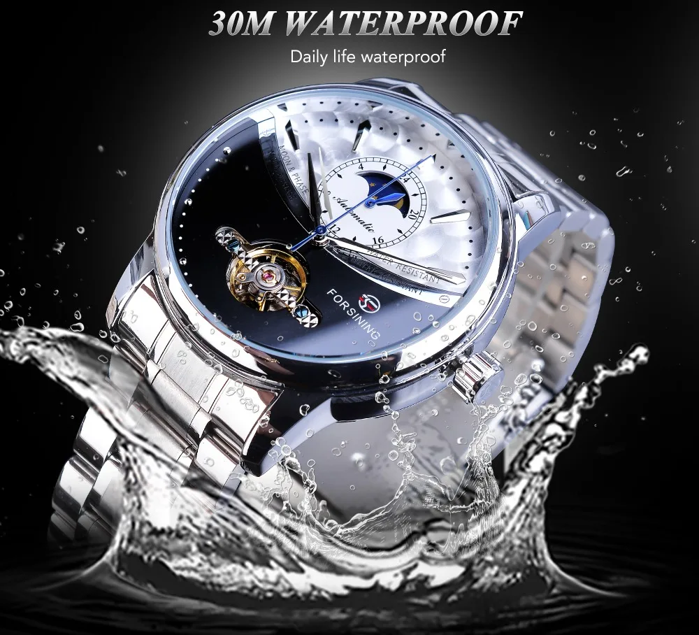 Forsining деловые мужские автоматические часы Moonphase часы Tourbillon водонепроницаемые механические Стальные наручные часы Relogio Masculino