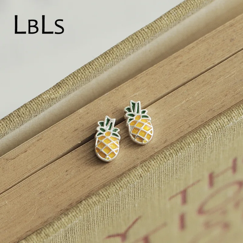 

LBLS Genuine 925 Sterling Silver Earrings Stud Earrings Pineapple Yellow Cute Lovely Silver 925 Earing Small Earings for Girls
