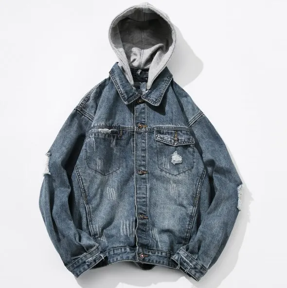 Mens Blue Cotton Ripped Jeans Jackets Male Streetwear Hooded Denim Jacket Men Vintage Jean Coat Plus Size 5XL | Мужская одежда