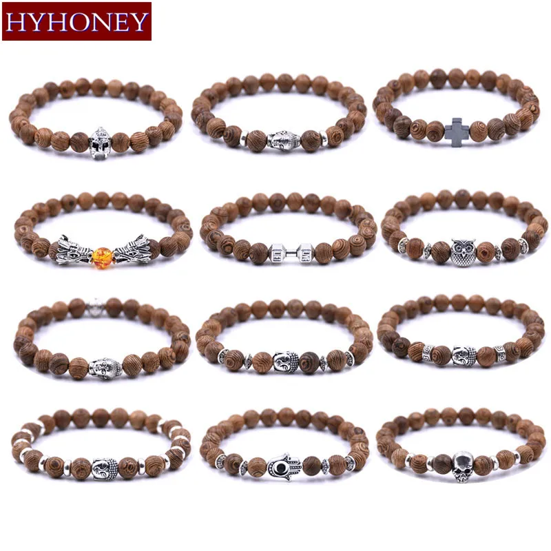 HYHONEY Винтажный Мужской браслет с совами черепом искусственными бусинами 8 мм