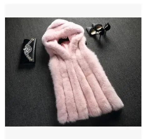 pink S/4Xl большой размер длинный отрезок без рукавов меховой жакет свободного размера плюс с капюшоном Женский жилет топы тонкий искусственный мех жилет J1711 - Цвет: pink