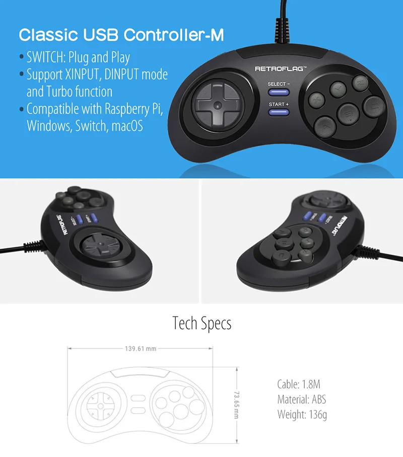 MEGAPi чехол Retroflag Retropie MD Raspberry Pi игровая консоль+ USB проводной геймпад игровой контроллер для Raspberry Pi 3 Model B+(плюс