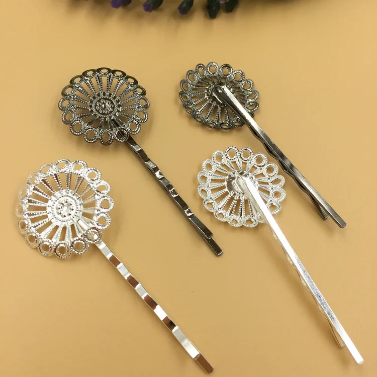 20mm Filigree Circle Flower Bobby Hairpins Bases Metal Blanks Findings Settings DIY Women's Bride Hair Clips Making Multi-color |