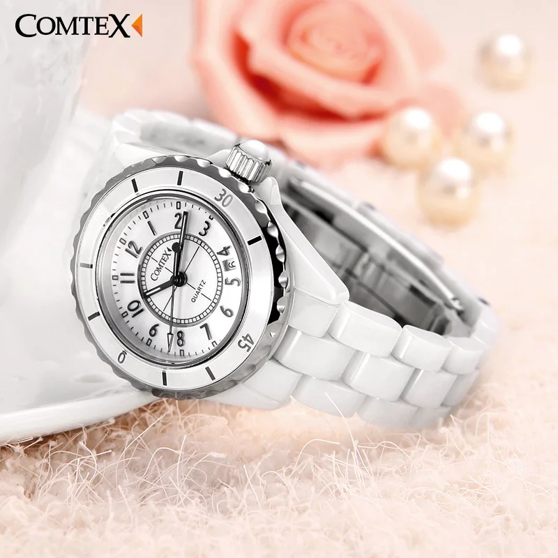 Comtex часы женские модные белые керамические кварцевые платье Pearl наручные леди