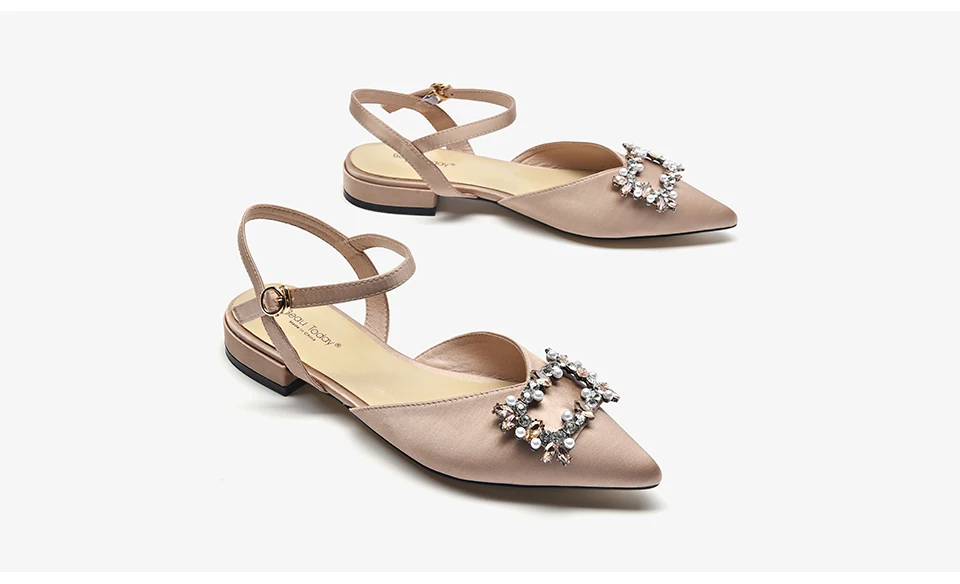 BeauToday Crystal Sandals Women Satin Cloth Pointed Toe Buckle Strap Ladies Party Wedding Summer Flats Handmade 32144