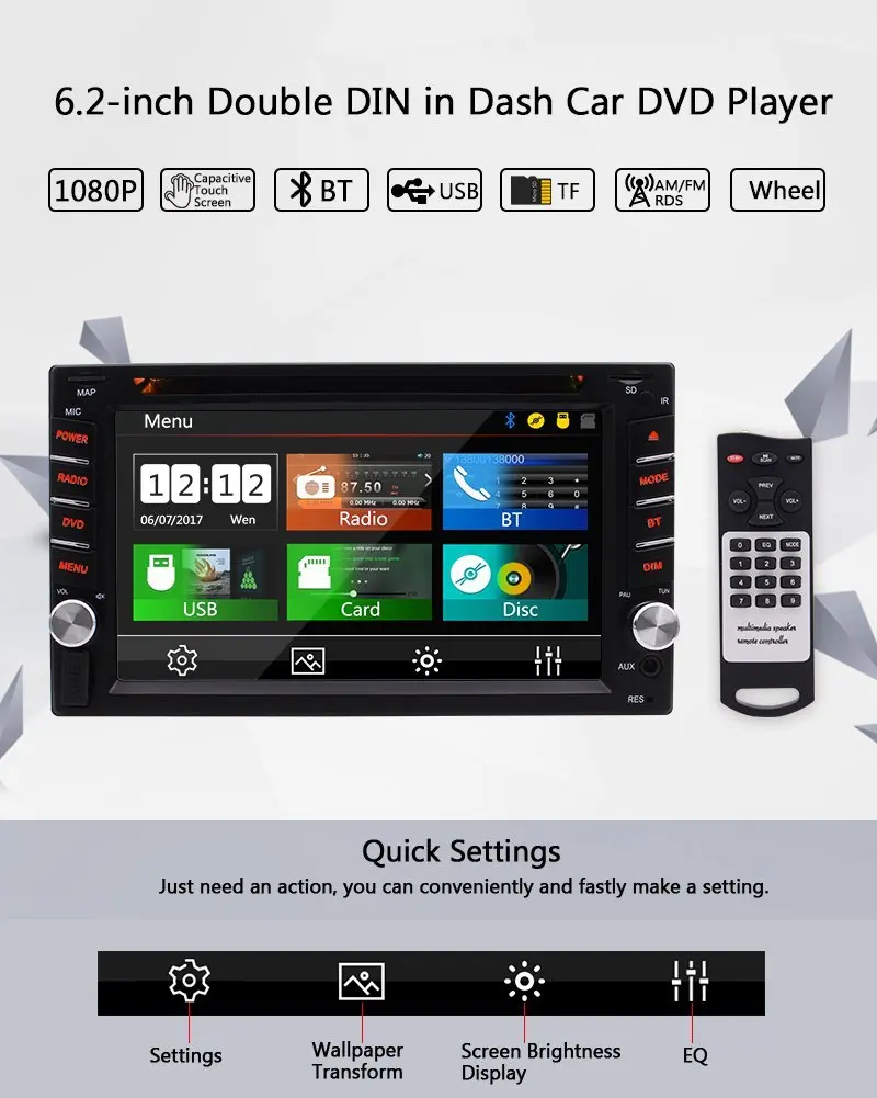Bluetooth автомобильный без gps стерео в тире 1080P DVD CD плеер Автомобильный аудио 2 Din 6