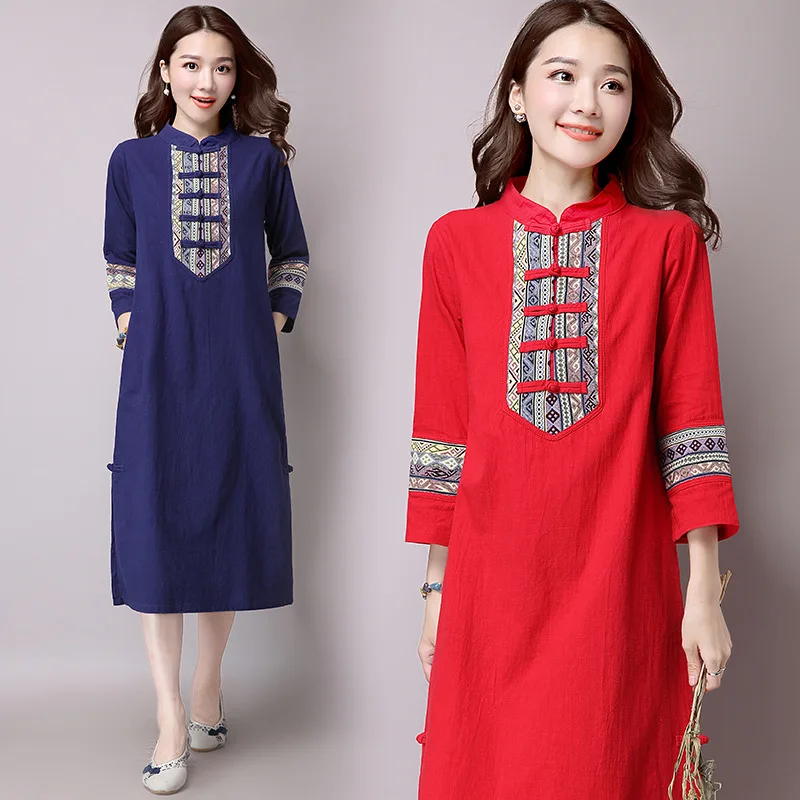 Свободный стиль 2017 Осень китайская традиция повседневное женское летнее платье