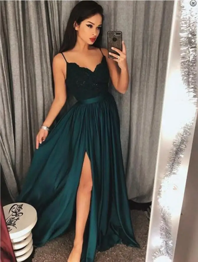 Color as picture Bbonlinedress, длинное платье для выпускного вечера, es, длинное ТРАПЕЦИЕВИДНОЕ ПЛАТЬЕ на тонких бретелях, платье для выпускного вечера с высоким разрезом, элегантное вечернее платье, vestido-de-festa - Цвет: Color as picture