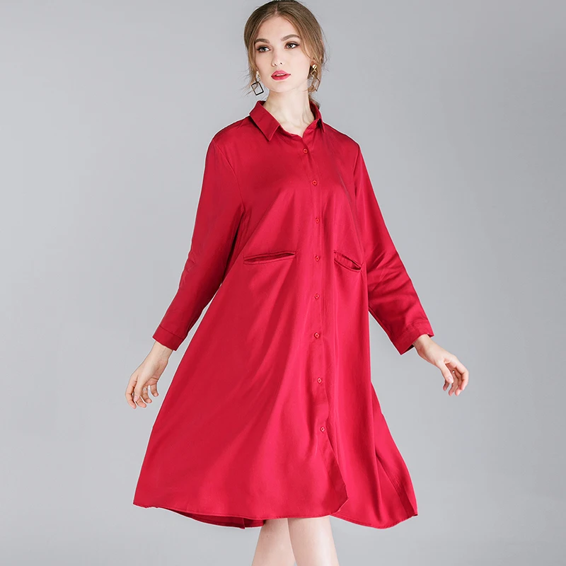 2019 одноцветное цвет Весенняя Блузка Платье плюс размеры карманов дизайн