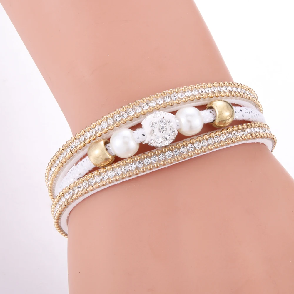 Женский многослойный браслет 1 шт. кожаный магнитный с кристаллами и бусинами